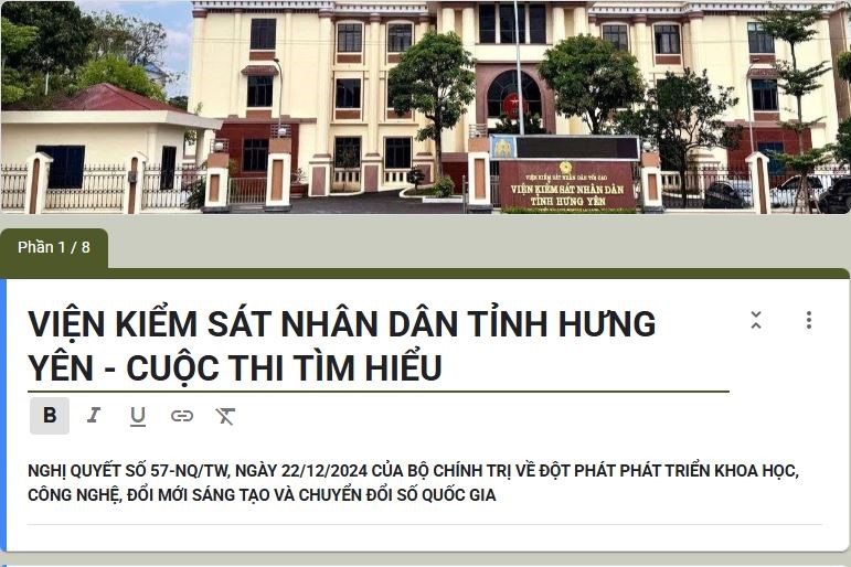 Viện kiểm sát nhân dân tỉnh Hưng Yên tổ chức cuộc thi “Tìm hiểu Nghị quyết số 57-NQ/TW ngày 22/12/2024 của Bộ Chính trị về đột phá phát triển khoa học, công nghệ, đổi mới sáng tạo và chuyển đổi số Quốc gia”